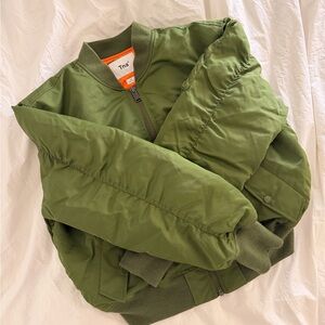 Aritzia TNA Olive Green Tahoe Bomber Jacket with Orange Lining